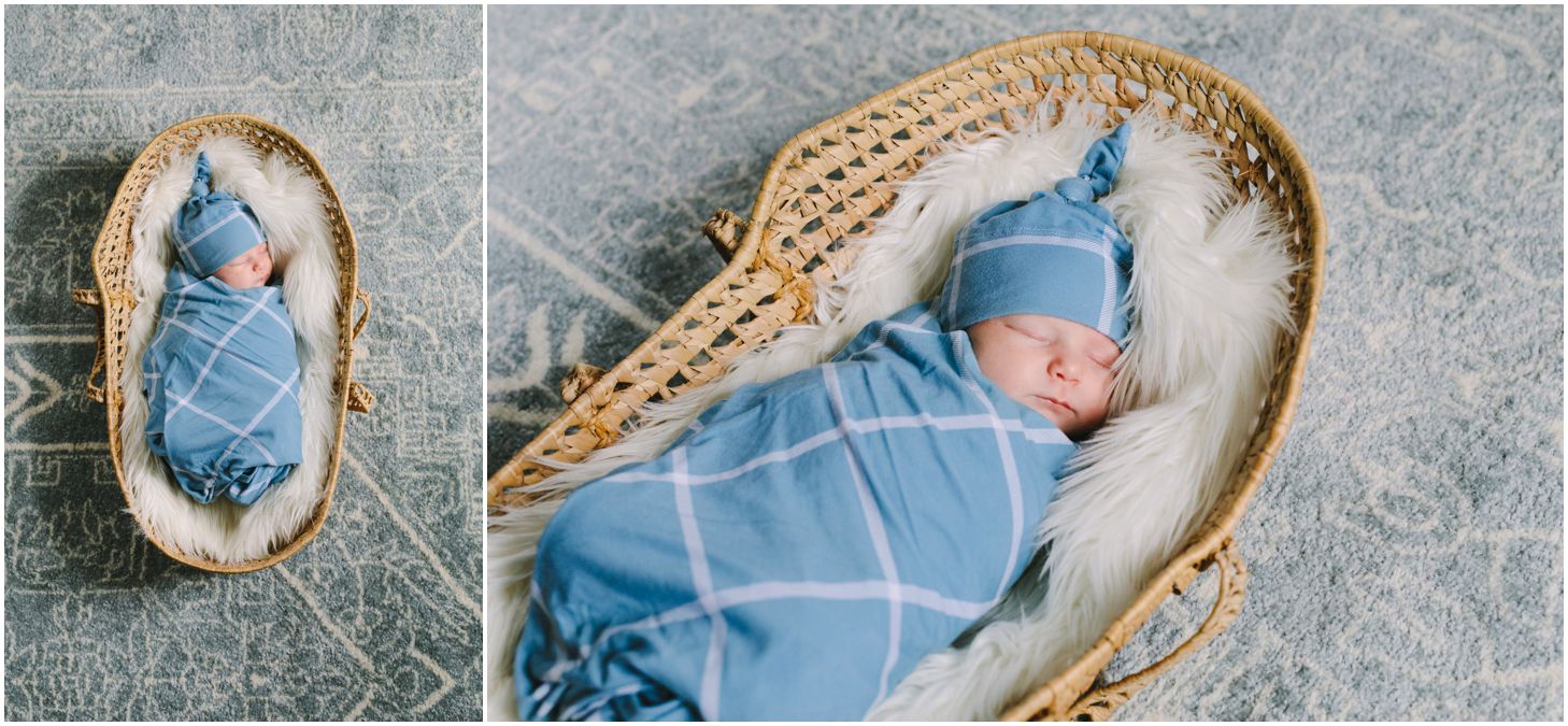newborn swaddled in a basket, on a modern rug