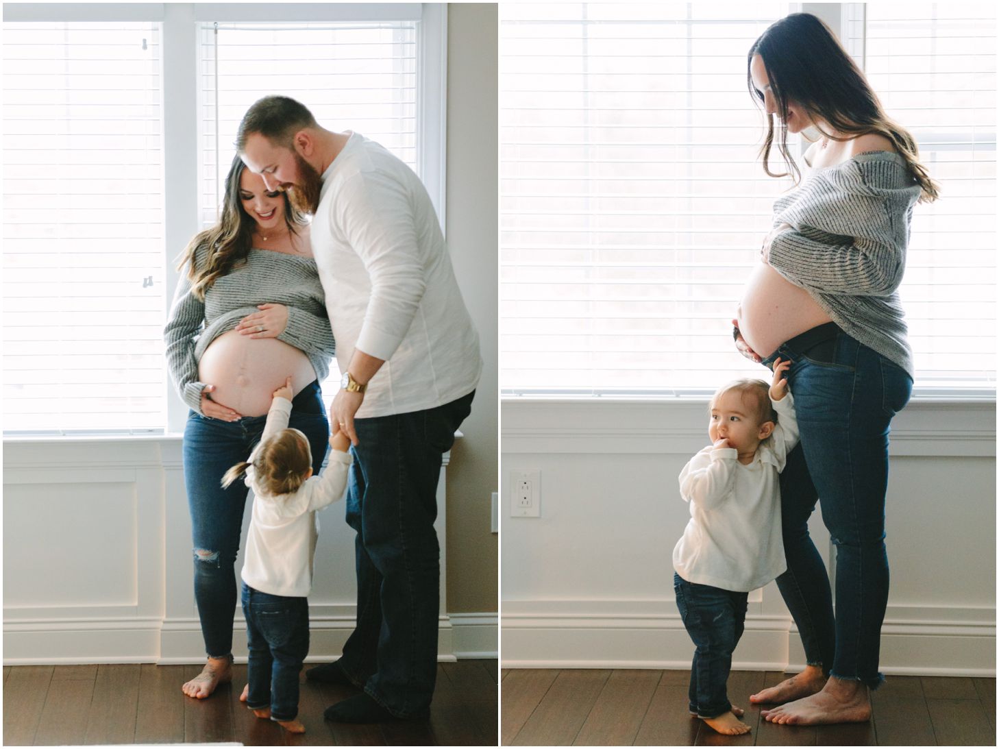 mom, dad, and little girl pose near a window holding pregnant belly