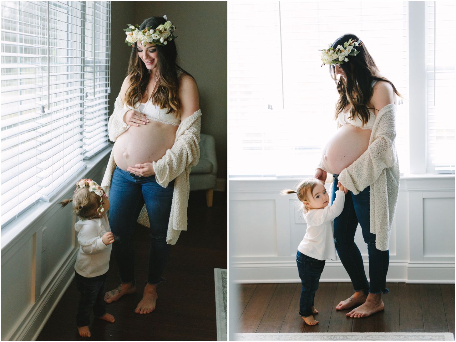 mom in a flower crown and little girl stand in front of a window | maternity session