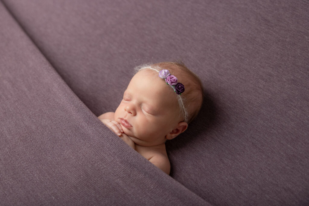 newborn girl on purple backdrop | Pittsburgh newborn photographers Kelly Adrienne Photography