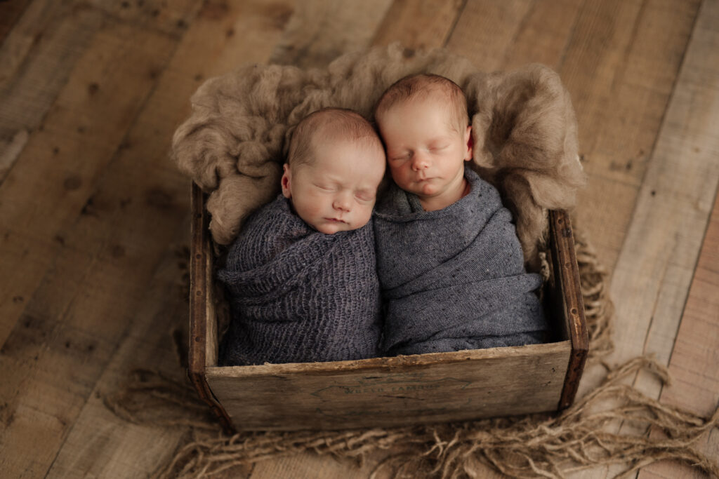 twin newborn boys in matching blue wraps, Kelly Adrienne