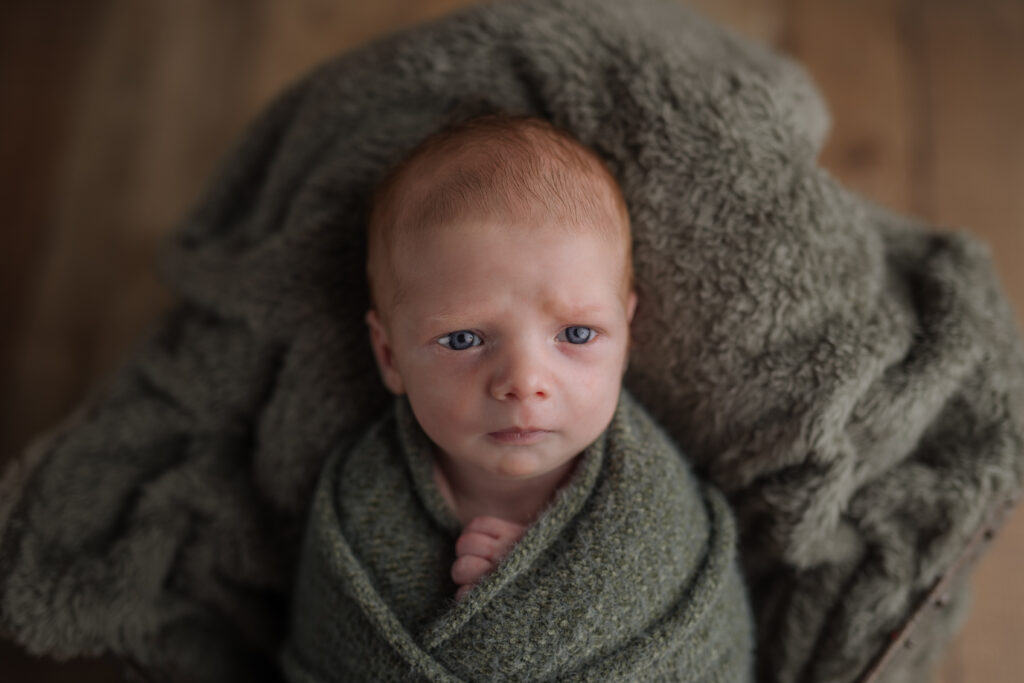 newborn baby boy looks at the camera while wrapped in greens against a wooden floor backdrop