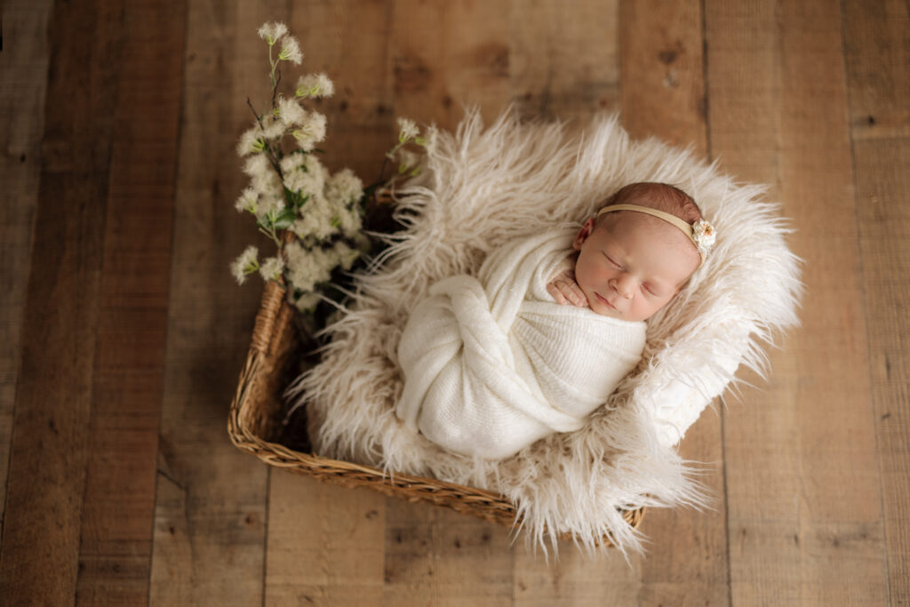 Newborn girl photography session with cream and neutral basket setup