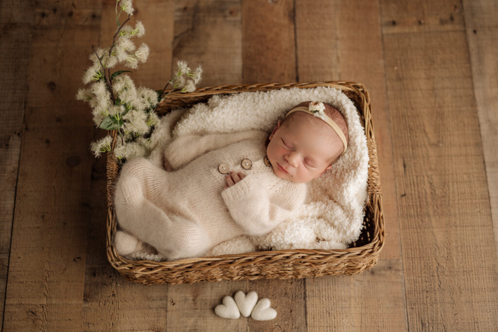 Newborn girl photography session with cream and neutral basket setup
