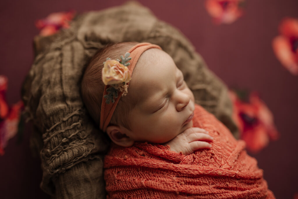Newborn girl photos at Kelly Adrienne Photography with coral and deep purple setup