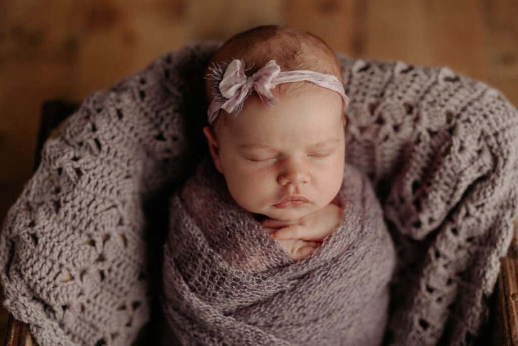 newborn girl in dusty purples at Pittsburgh newborn photography studio
