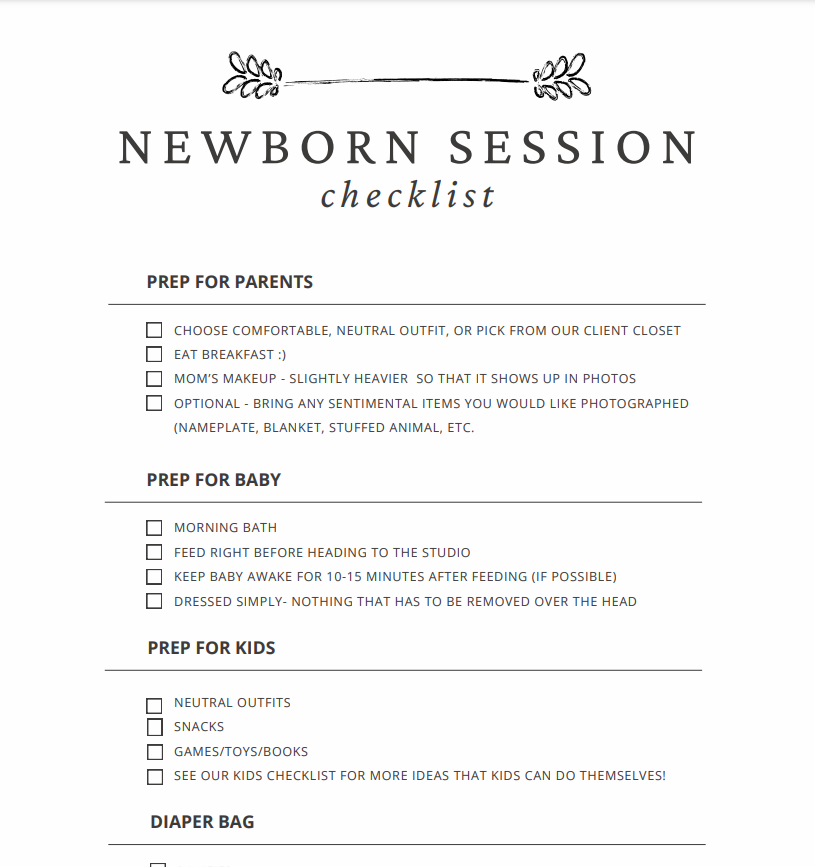 Download a newborn prep guide for parents to prepare for a newborn studio session.